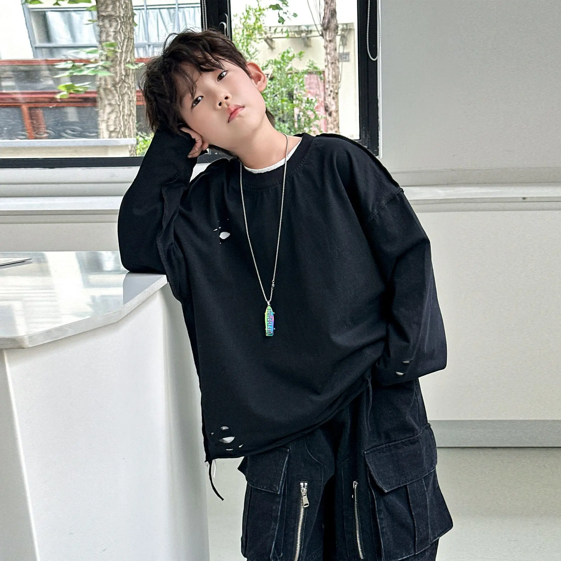 Somenie Boys Autumn Sweater Children's Loose Long Sleeve T-Shirt Spring and Autumn Boys Bottom Shirt Children's Clothing