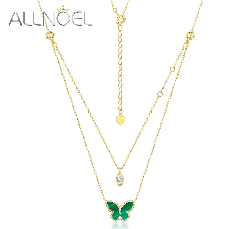 ALLNOEL Natural Malachite 925 Sterling Silver Necklace For Women 50cm Butterfly Green Gemstone Elegant Anniversary Gifts Jewelry