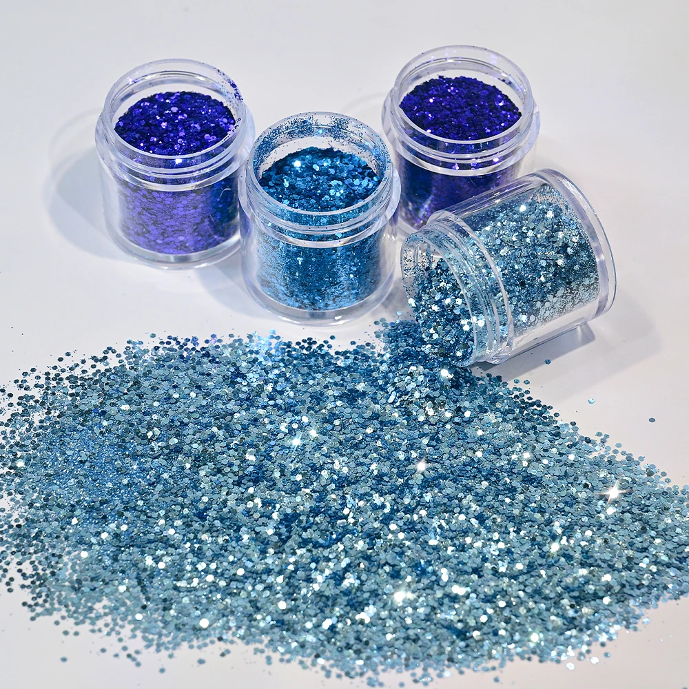 4Pcs 블루 혼합 육각형 네일 아트 반짝이 장식 조각 홀로그램 반짝 이는 크롬 플레이크 조각 DIY 매니큐어 Chunky Pailette 장식