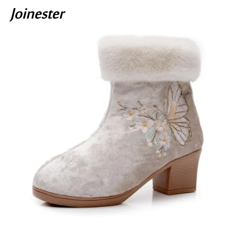 

Fur Edged Embroidered Side Zip Short Boots for Ladies Ethnic Style Winter Warm Short Plush Footwear Flock Ankle Booties