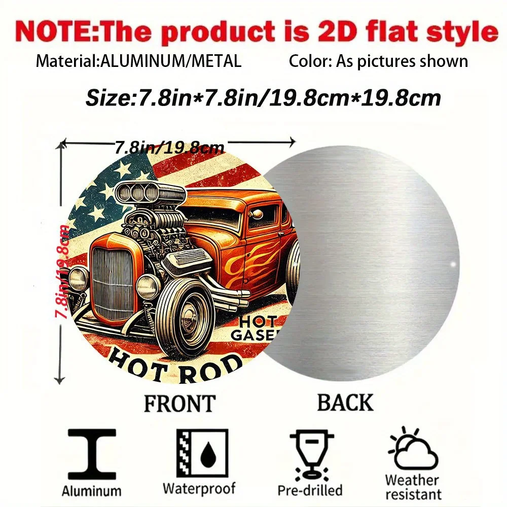 Vintage Hot Rod Garage Metal Wall Art Sign - 20cm Round Retro Classic Car & Hot Rod Design with V8 Engine & Vintage