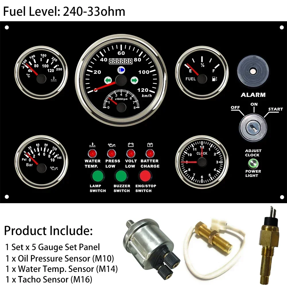 12V Multifunction 5 Gauge Set Panel with 120km/h GPS Speedometer +Tachometer Fuel Level Water Temp. Oil Pressure Clock 300*190mm