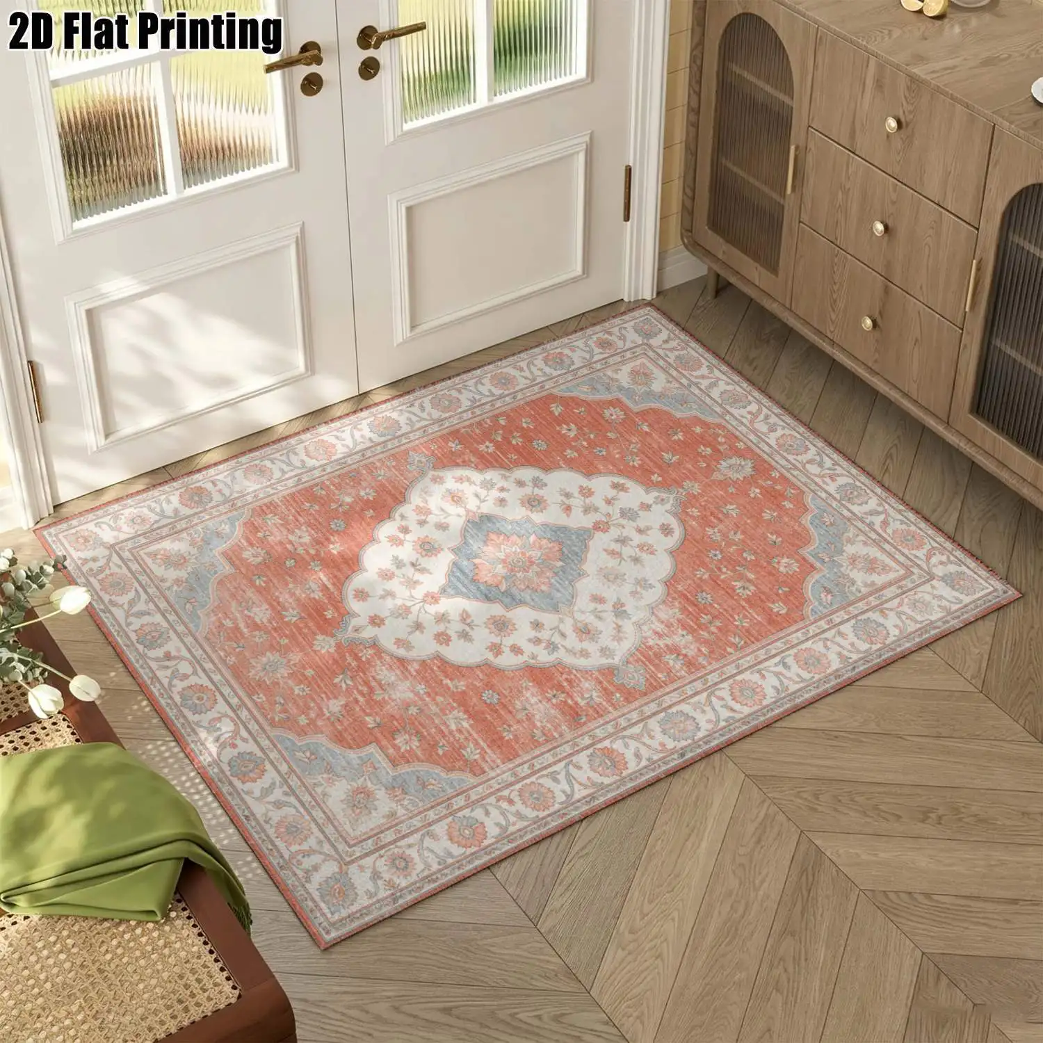 1Pc 2D Printed Retro Orange Pink Floral European Bohemian Geometric Carpets: Home Decor, Multi-Size, Machine Washable, for Entrance, Dining, Foyer, Bedroom, Living Room