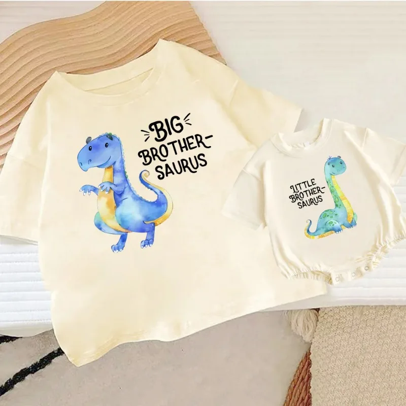 Casual Set Big Brother Saurus/Little Brother Saurus Print Family Matching Outfits Short Sleeve Kid Tshirt+Bubble Romper Clothes