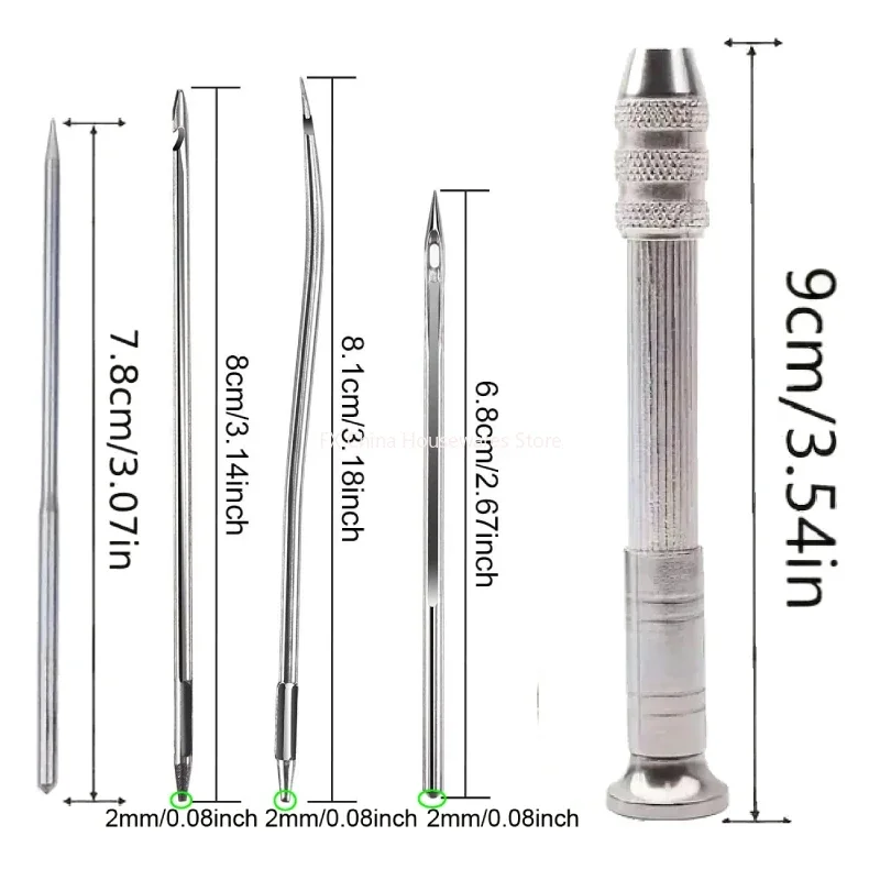 Leather Sewing Awl Kit - 4Pcs Replaceable Needles, DIY Shoe Repair & Canvas Tent Stitching Tool  Silver Leather Sewing Awl