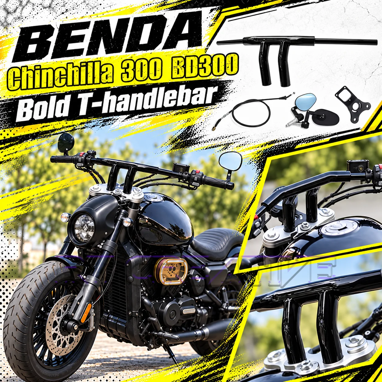 Motorcycle 38mm Thick Flat T Handlebar Comfort Grip Steering Handle Fit BENDA Chinchilla 300 BD300 Cruiser Mod
