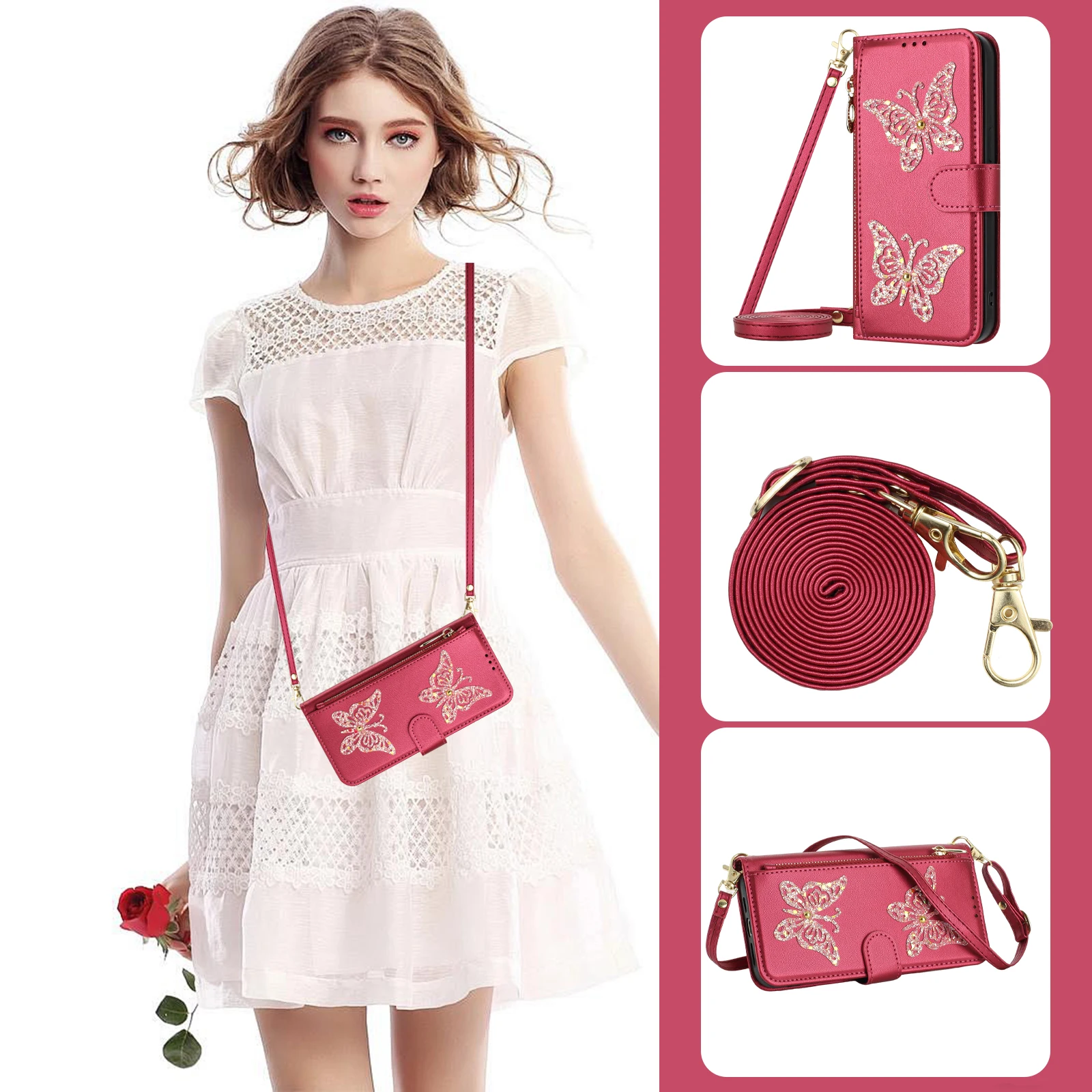 Crossbody Long Strap Glitter Butterfly Leather Phone Case For Samsung S26 Ultra S25 S24 Plus S23 S22 A17 A07 A57 A37 Cute Cover - view 2