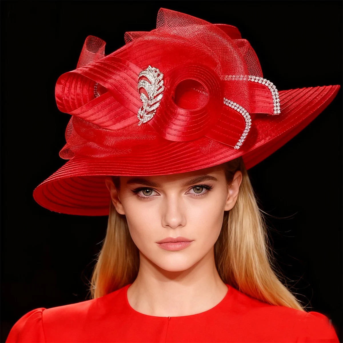 Women's Wedding Church Hat - Wide Brim Bowler Cap with Bow, Formal Bridal Party Flat Top Sun Visor for Ceremonies & Events