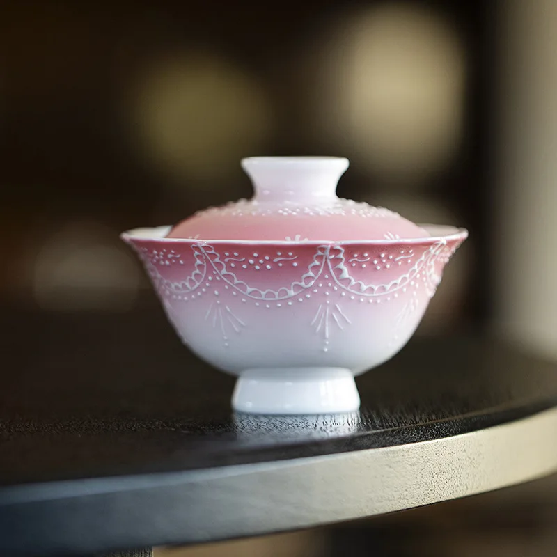 Arita Ware Pearl Curtain Hand-painted Gaiwan Kung Fu Tea Set Ceramic Imitation Song Dynasty High-footed Flower Mouth Household P