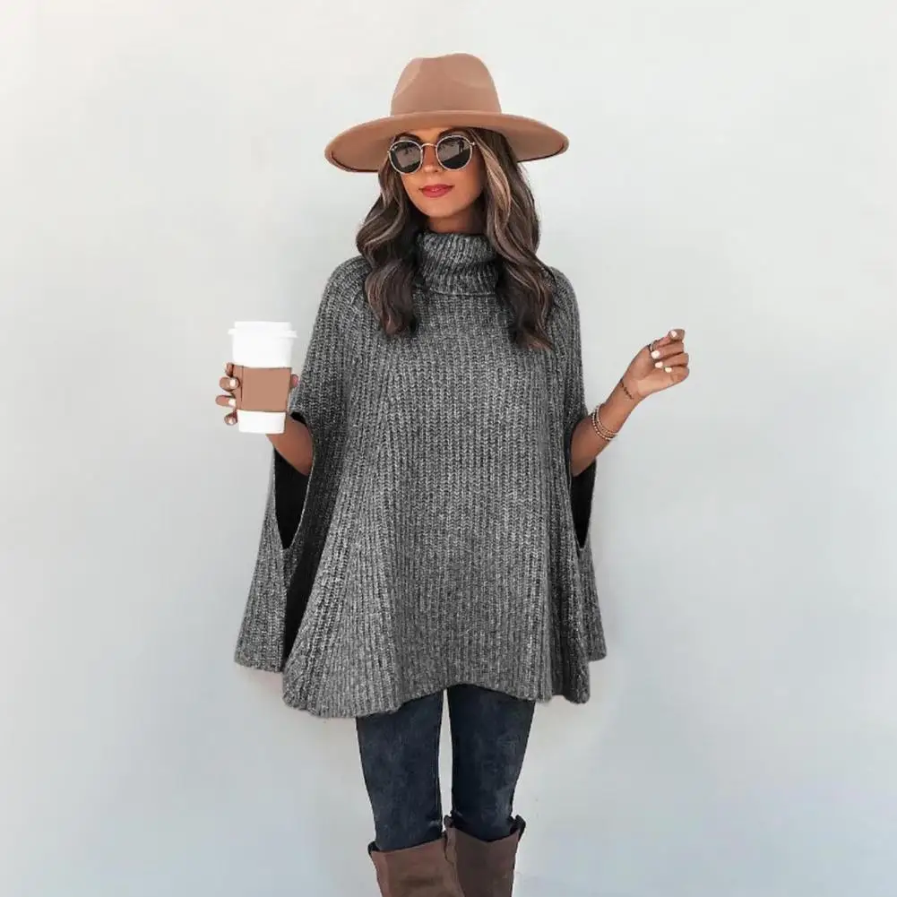 

Women Cape Sweater Batwing Sleeve Cloak Sweater Relaxed Fit High Collar Cape Sweater