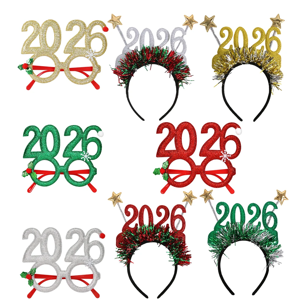 

8Pcs 2026 New Year Party Supplies Headband Tiara Glitter Head Bopper Eyeglasses Glasses Frame New Year's Eve Party Photo Props