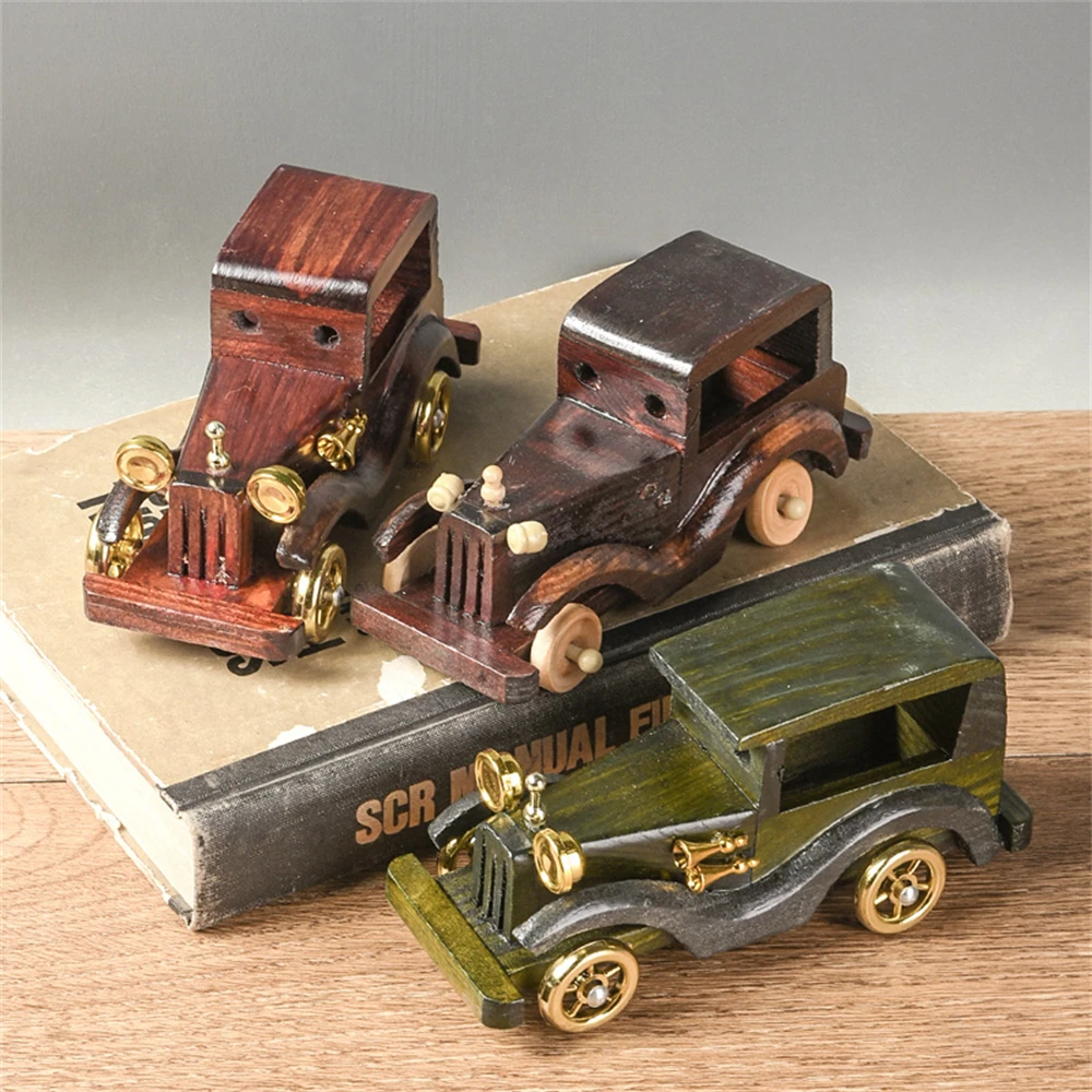Wooden Retro Model Train Trucks Auto Ornaments Classic Car Toy Figurine Decoration Wood Handmade Home Office Decor Small Gifts