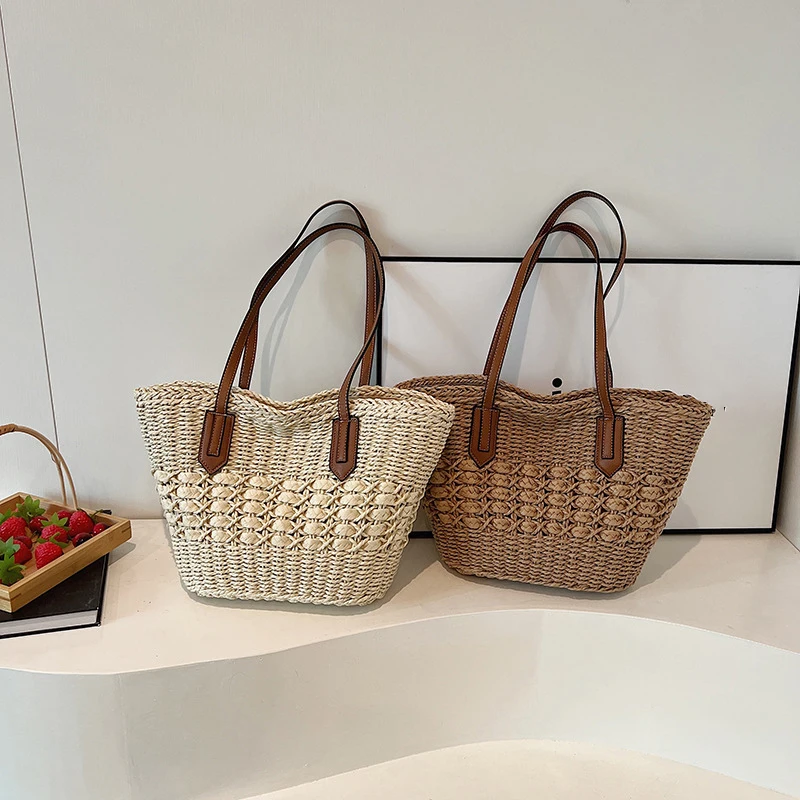 Summer Straw Bags for Women Straw Shoulder Bags Rattan Woven Top Handle Bag Hollow Raffia Crochet Beach Bag Casual Handbags