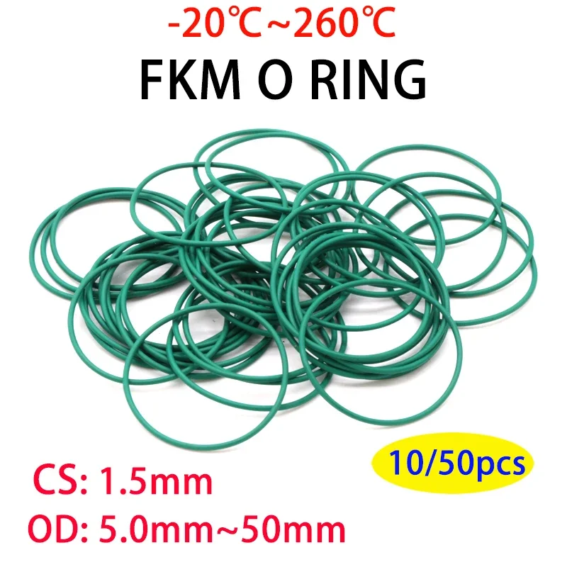 

10/50Pcs Green FKM O Ring CS 1.5mm OD 5~50mm Sealing Gasket Insulation Oil High Temperature Resistance Fluorine Rubber O Ring