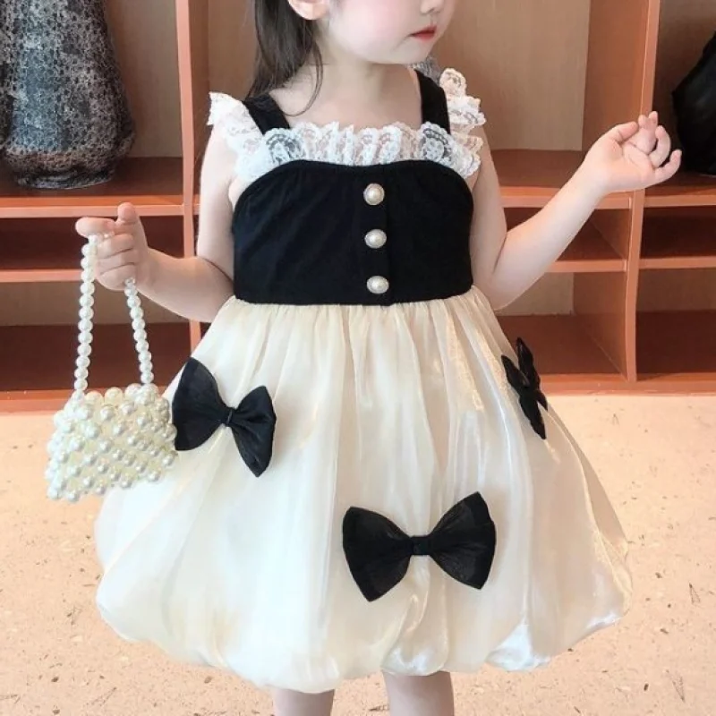 

2024 Summer New Girls Contrast Color Sling Spliced Lace Bow Button Sweet Chic Slim Playful Korean Sleeveless Layered Dress