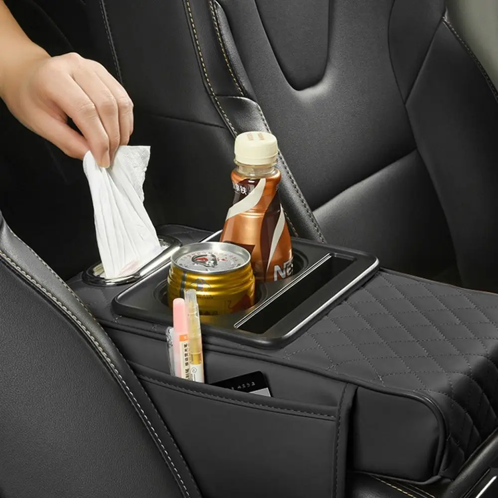 

Durable Portable Center Console Armrest Cushion Multifunctional PU Leather Cup Holder Height Increasing Storage Box Universal