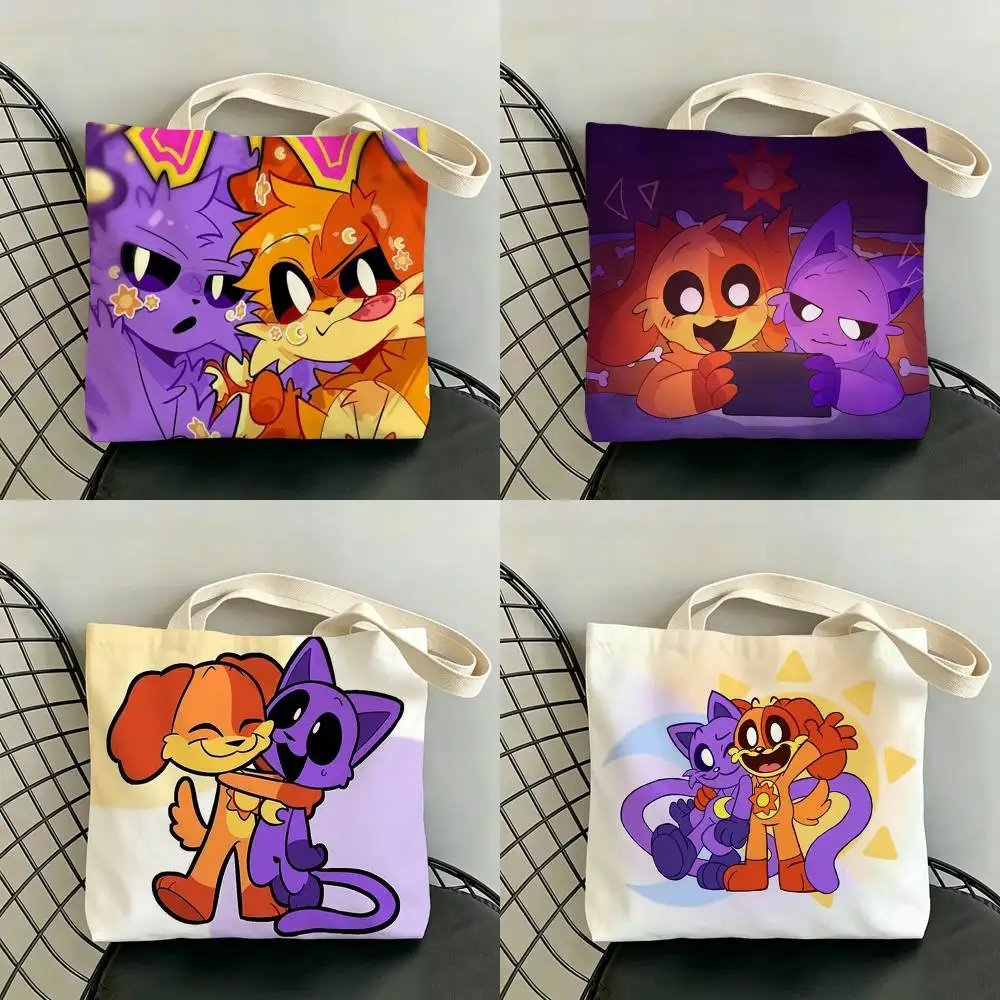 

C-Catnap and D-Dogday Storage Bags Double-Sided Print Large Tote Bag Durable Beach Picnic Foldable Gift Eco