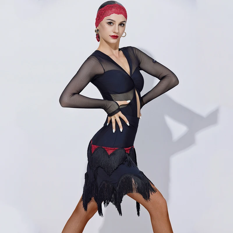 Vestido feminino de dança latina com mangas de malha, saias com franjas divididas, trajes sexy de performance, chacha rumba adulto