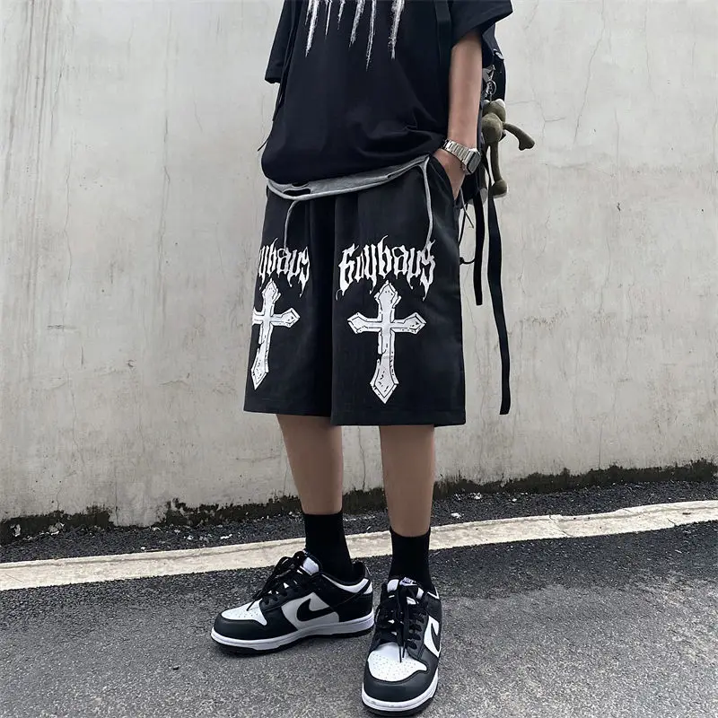 National tide dark cross print casual shorts men's loose hiphop American street hip-hop style five-point pants y2k shorts men