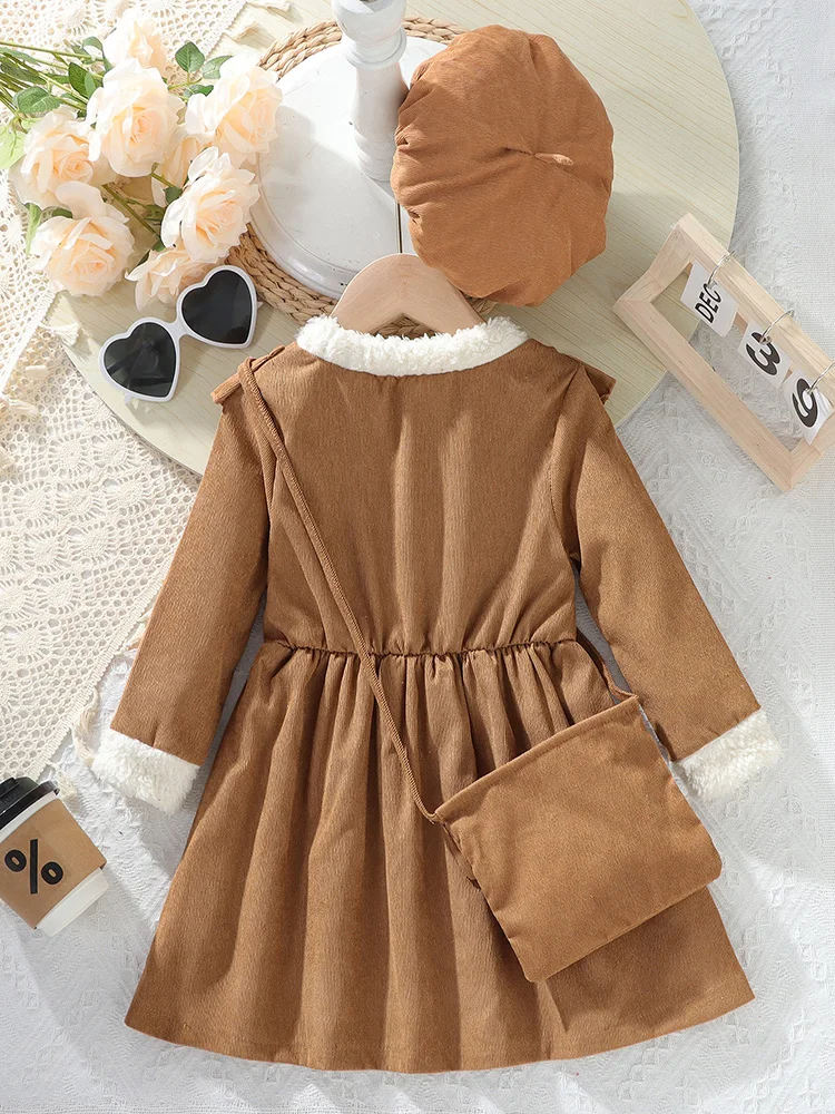 Girls autumn fur stitching corduroy long-sleeved dress + crossbody bag + hat