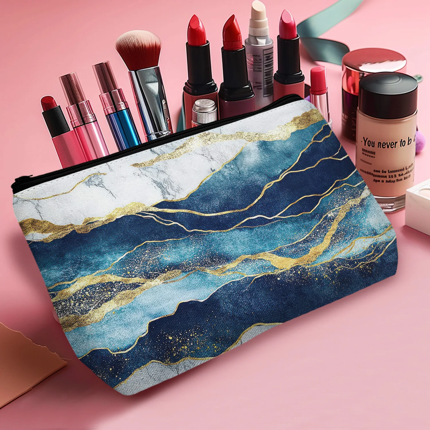 1Pc Blue Gold Marble Travel Makeup Bag Portable Cosmetic Bag Pouch Bag With Zipper Chinoiserie Gifts For Women A 8.66X5.51Inch