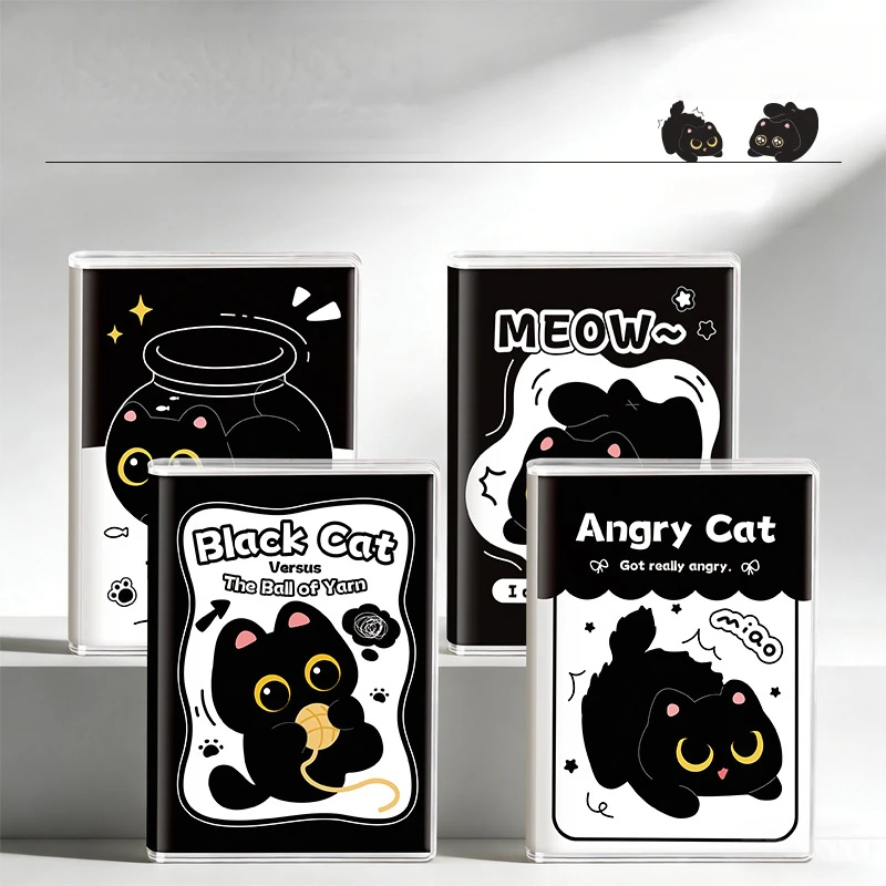 4Pcs/set A7 Mini PVC Cover Pocket Notebook Cute Cartoon Cat & Oil Painting Journal Set Small Lined Notepad