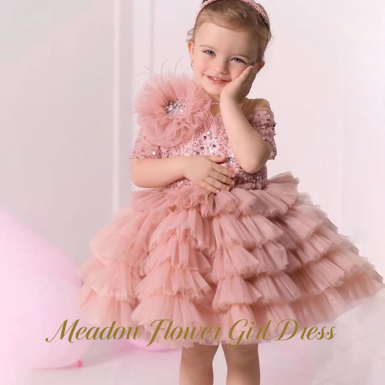 

Meadow Dusty Pink Round Neck Flower Girl Dress with 3D Feather Floral Kids Birthday Dress Short Sleeve Pageant Dress for Girl