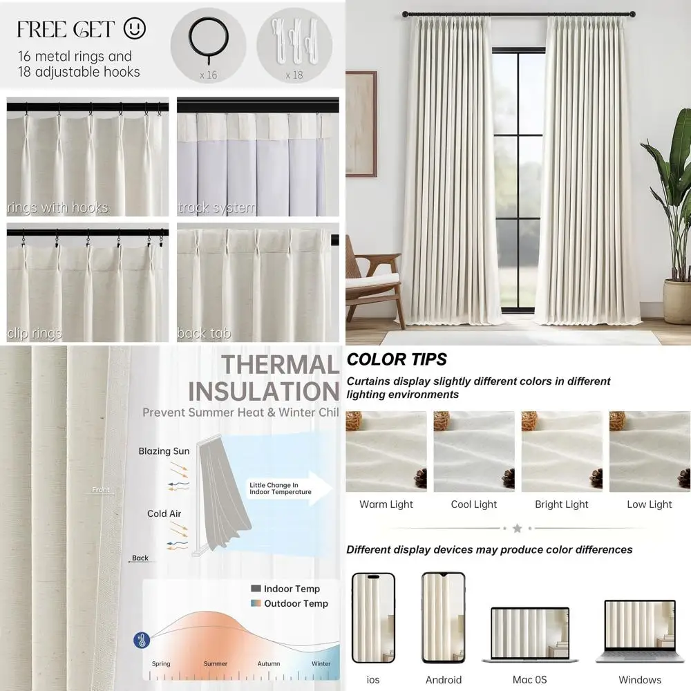 

Термоизолирующие светонепроницаемые льняные шторы, цвет овсяный, длина 90 дюймов, с плиссировкой, звукоизоляционные, комплект из 2 панелей для спальни и гостиной