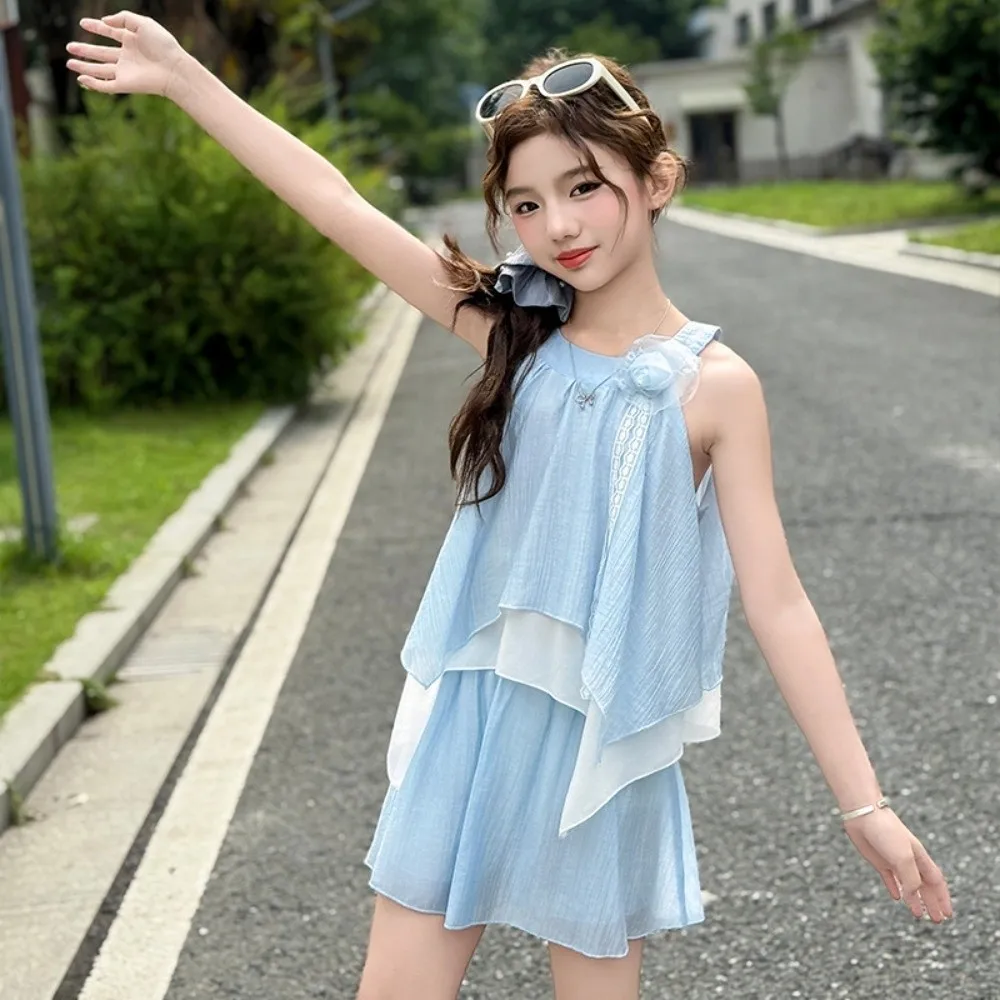 

3D Rose Flower Kids Ruffles Shorts Dress Korean Style Sleeveless Children Beach Dress Camisole Top Hanging Neck