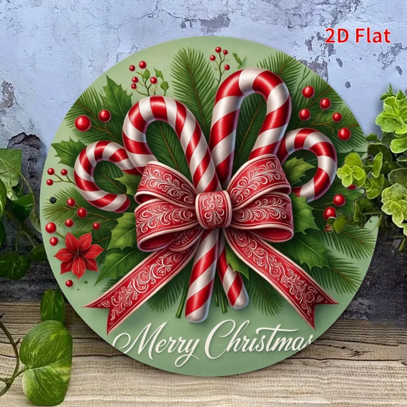 Letrero navideño de bastón de caramelo y corona con lazo a rayas rojas y blancas, colgante de pared de bayas de acebo verde para el hogar, 1 ud.