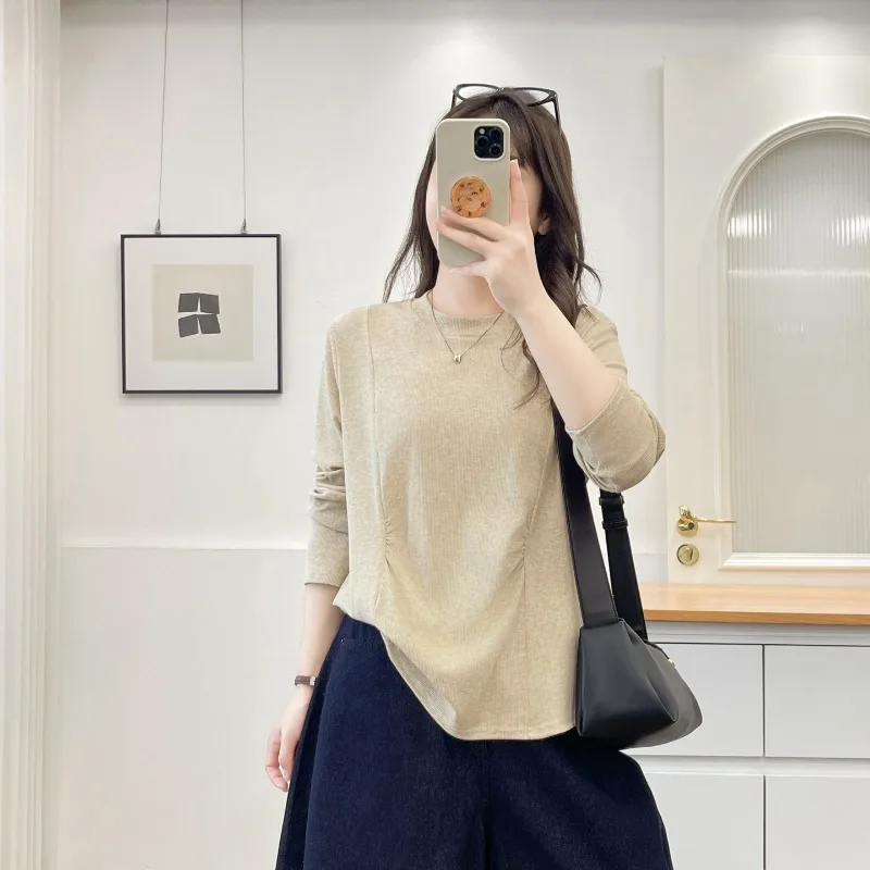 Women Mock Neck Long Sleeve Top Autumn Winter Ruched Panel Slim Hide Belly Inner Base Shirt For Curvy Women