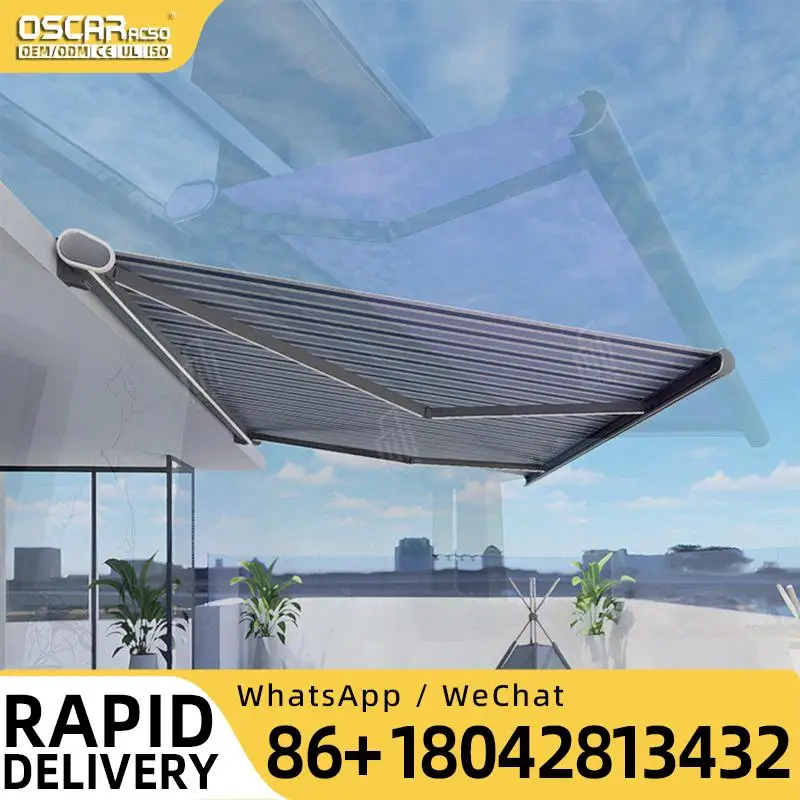 Motorized Retractable Full Cassette Awning with Foldable Arms for Patio Terrace Garden Retractable Awning