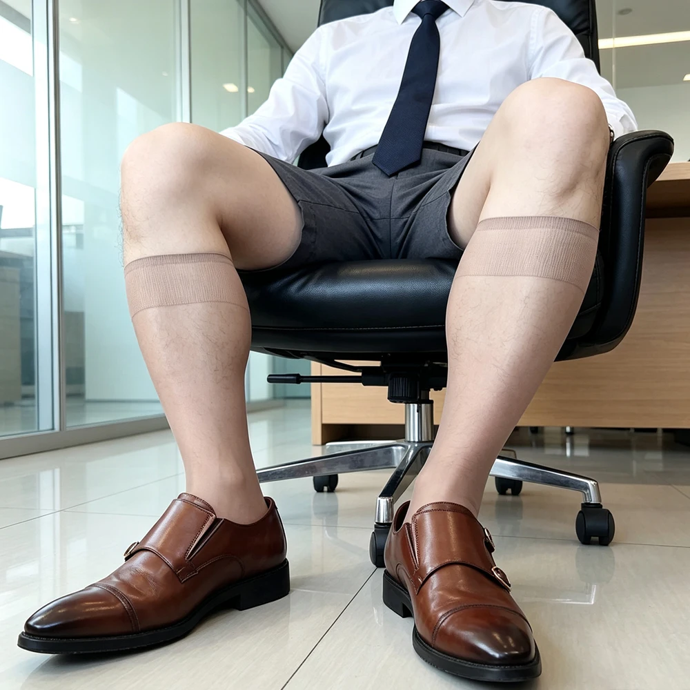 Men's Over The Calf Sheer Dress Socks Stretch Transparent Nylon Formal Business Office Suit Socks Knee High Hosiery Thin