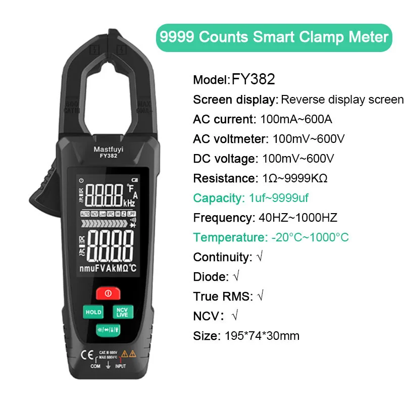 FY382 Digital Clamp Meter 6000/9999 Counts Auto Range  AC/DC Current Voltage   Ammeter Multimeter True RMS NCV Ampere Ohm Tester