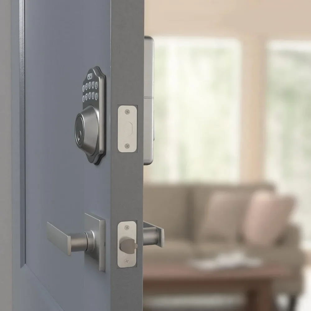 Contemporary Electronic Keypad Deadbolt Door Lock with Passage Lever, Satin Nickel, 4.56 x 3.01 x 0.1 inches (LxWxH)