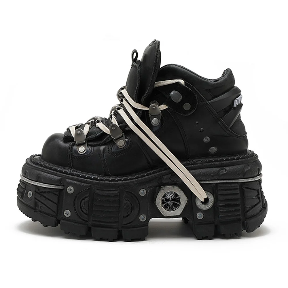 Fashion Men's Genuine Leather Motorcycle Boots Ankle Rock Women Sneakers Punk Chunky Metal Buckle Y2K Thick Sole Gothic Shoes