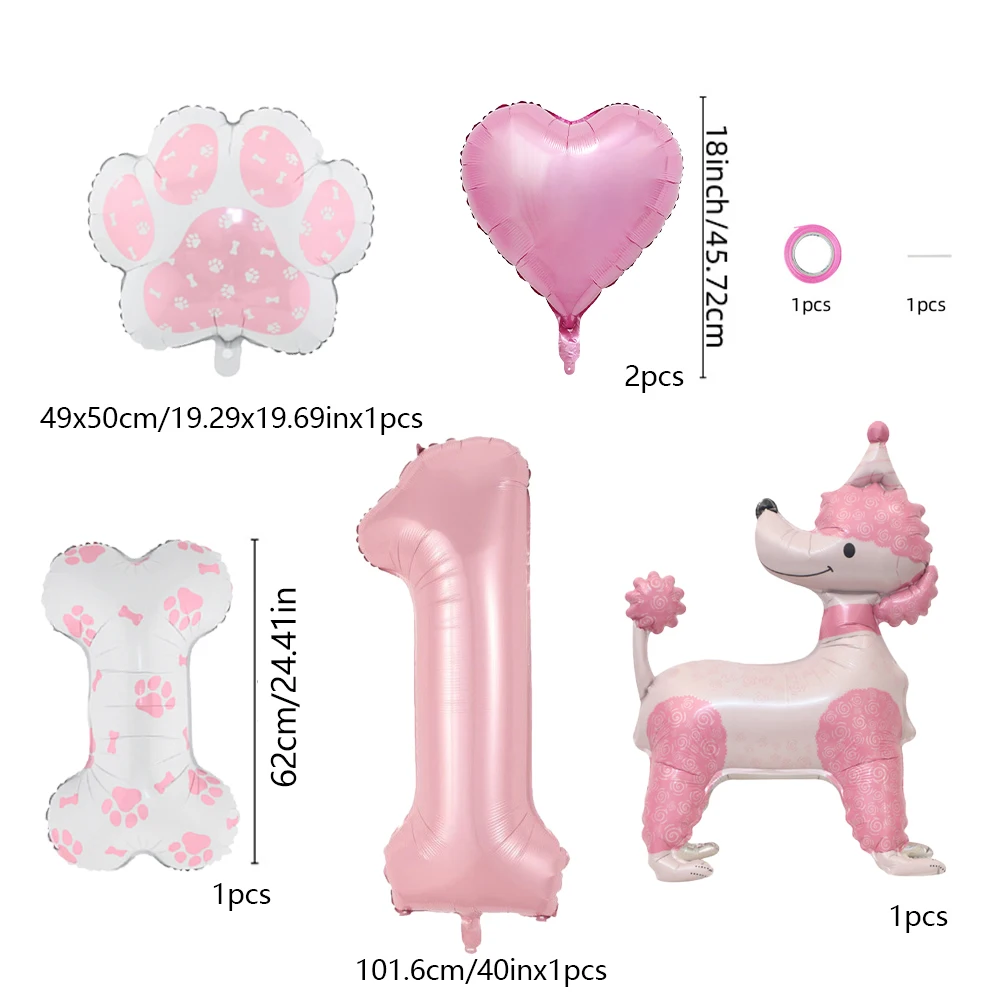 Pink Poodle Dog & Number Balloon Set for Birthday Shower Baptism Anniversary Pet Theme Decoration view 2