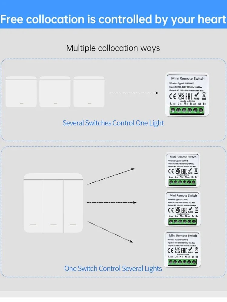 RF Smart Switch 433MHz 2-Way Control DIY Wireless Remote Control Light Switch 16A Relay Receiver Automation Module for Led Lamp