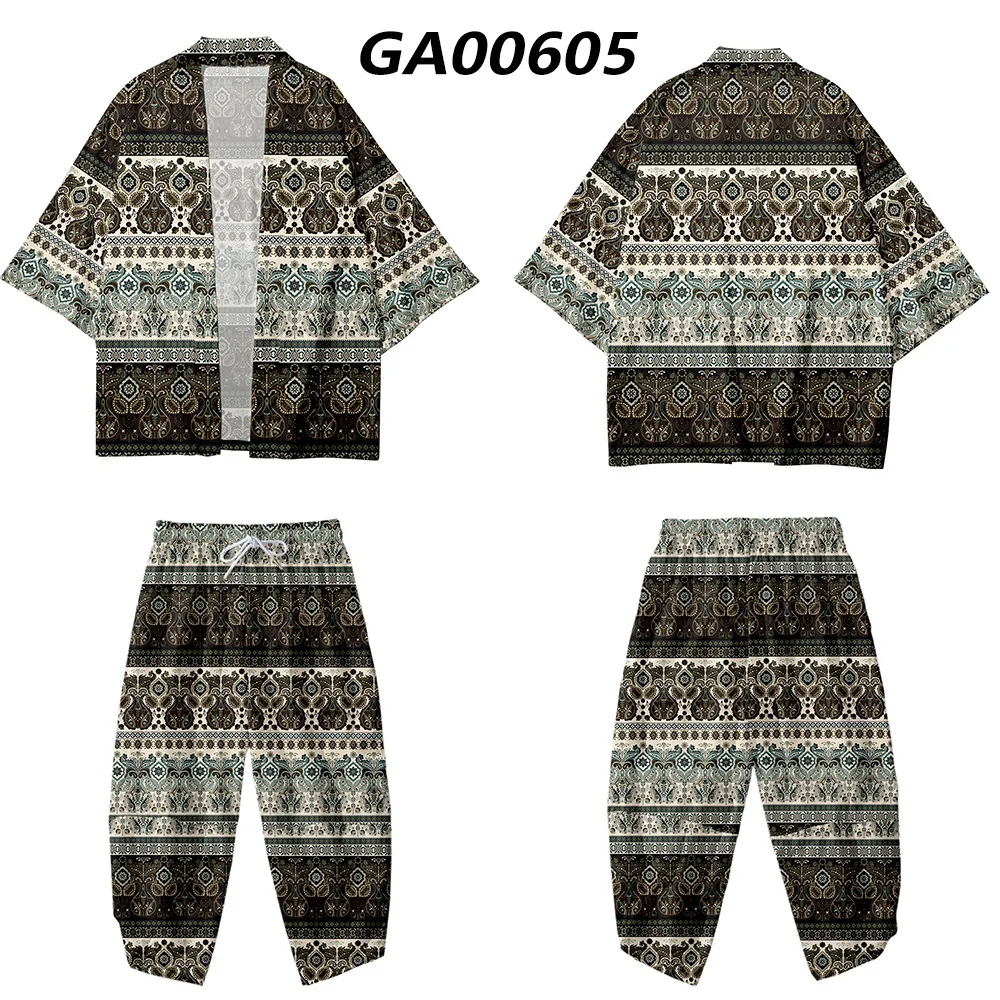 

Summer Cashew Flowers Printed Striped Kimono Cropped Pants Set Women Men Japanese Haori Asian Streetwear Cardigan Yukata Cosplay