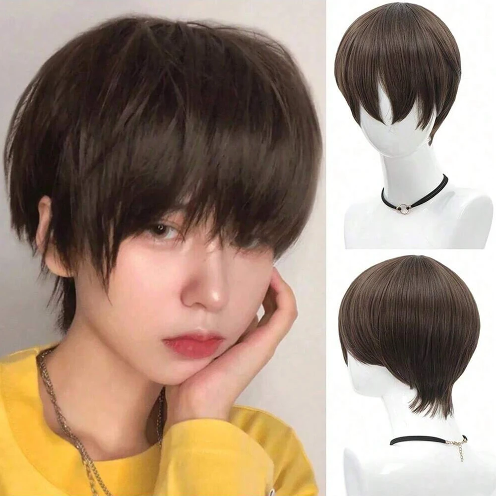 Short Synthetic Men's Breathable Wig Brown Men Boy Short Straight Cosplay Men Party Black Heat Resistant Synthetic Hair Wig