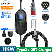 AFEEV 11KW 16A 3Phase Portable EV Charger Type2 IEC62196-2 Fast Charging Cable GB/T 20234 Wallbox EVSE CEE Plug WiFi APP Control