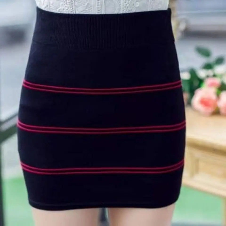 Autumn Winter Stripe Knitted Skirt Women Tight Thin Bodycon Wrap Pencil Skirt Sexy Club Party Short Mini Skirt Black Red New
