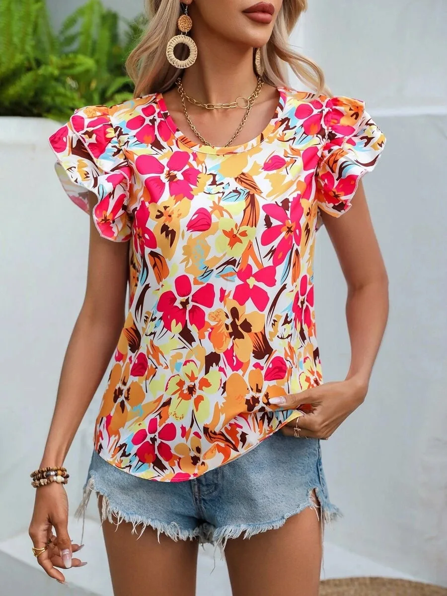 Elegant Blouses For Women Ruffle Short Sleeve Top Fashion Print Shirts & Blouses Youthful Woman Clothes Summer Trend 2024