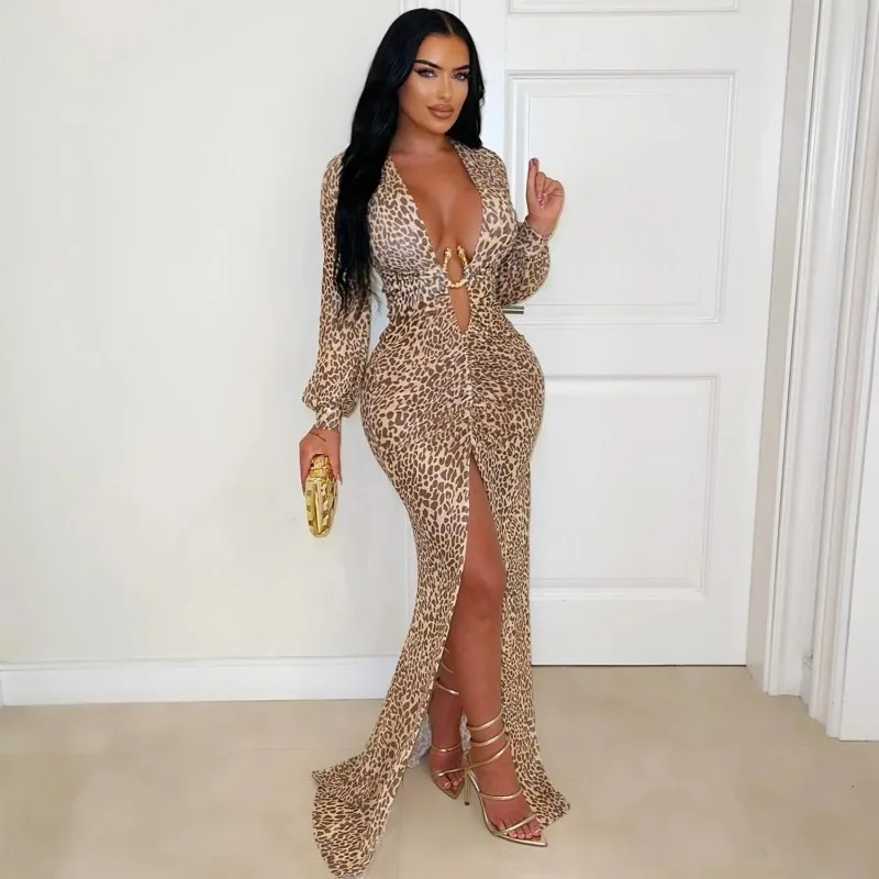 KEXU Sexy Sheer Mesh Deep V-neck Leopard Print High Slit Lantern Long Sleeve Maxi Dress Bodycon Bandage Slim Party Dresses