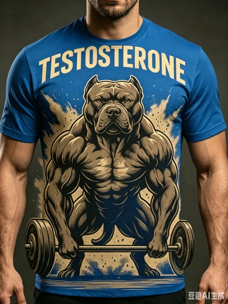Modisches Neues Herren-T-Shirt mit Muskulösem Pitbull-Testosteron-Print, Rundhalsausschnitt, Kurzarm, Fitness, Casual Streetwear Tee Tops