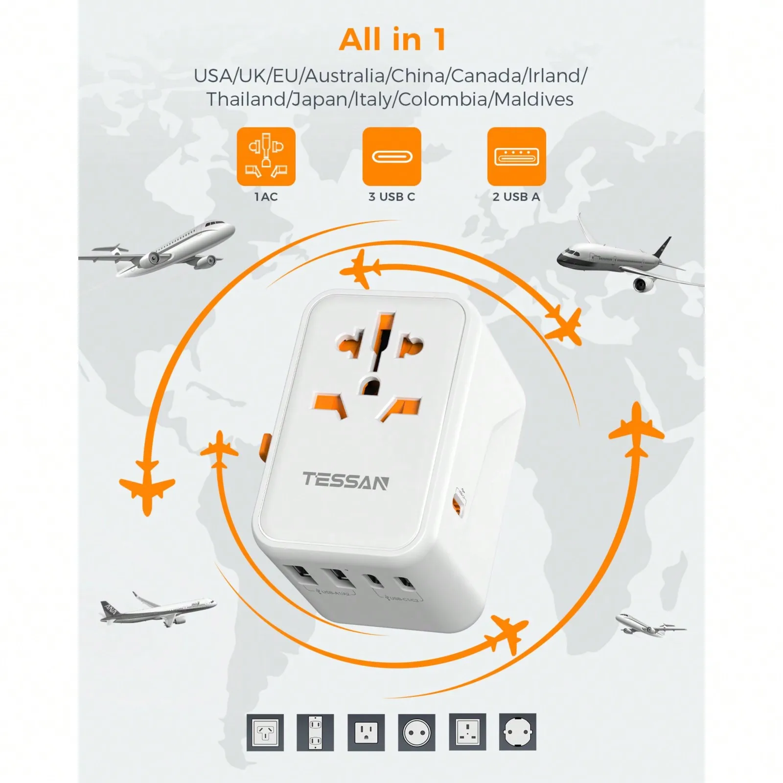 TESSAN Universal Travel Adapter Worldwide, GaN 65W International Plug Adaptor With 3 USB C 2 USB A Ports, All-In-One Power Adapt