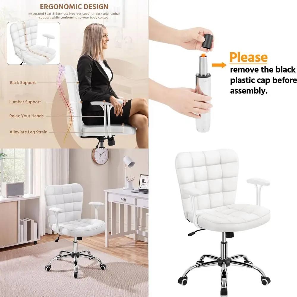 

Modern White Upholstered Adjustable Desk Chair with Padded Armrests for Home/Office Use