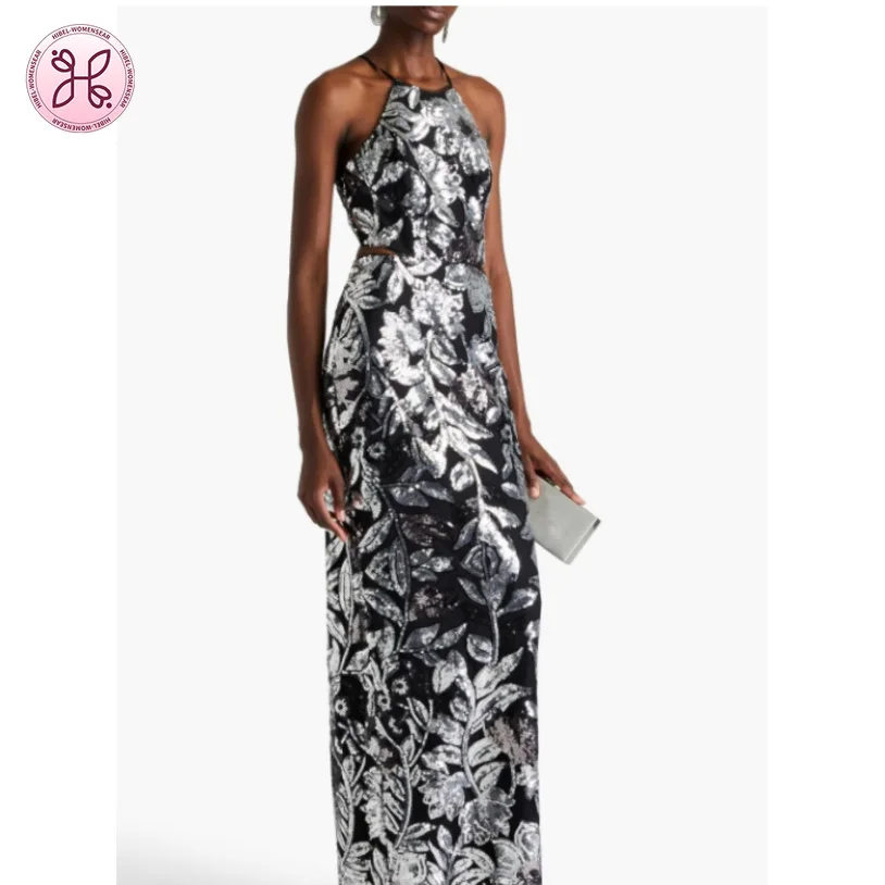 2025 Silver Embroidered Halter Gown | Waist-Cutout Sequin Dress | Elegant Banquet Maxi Dress Wholesale