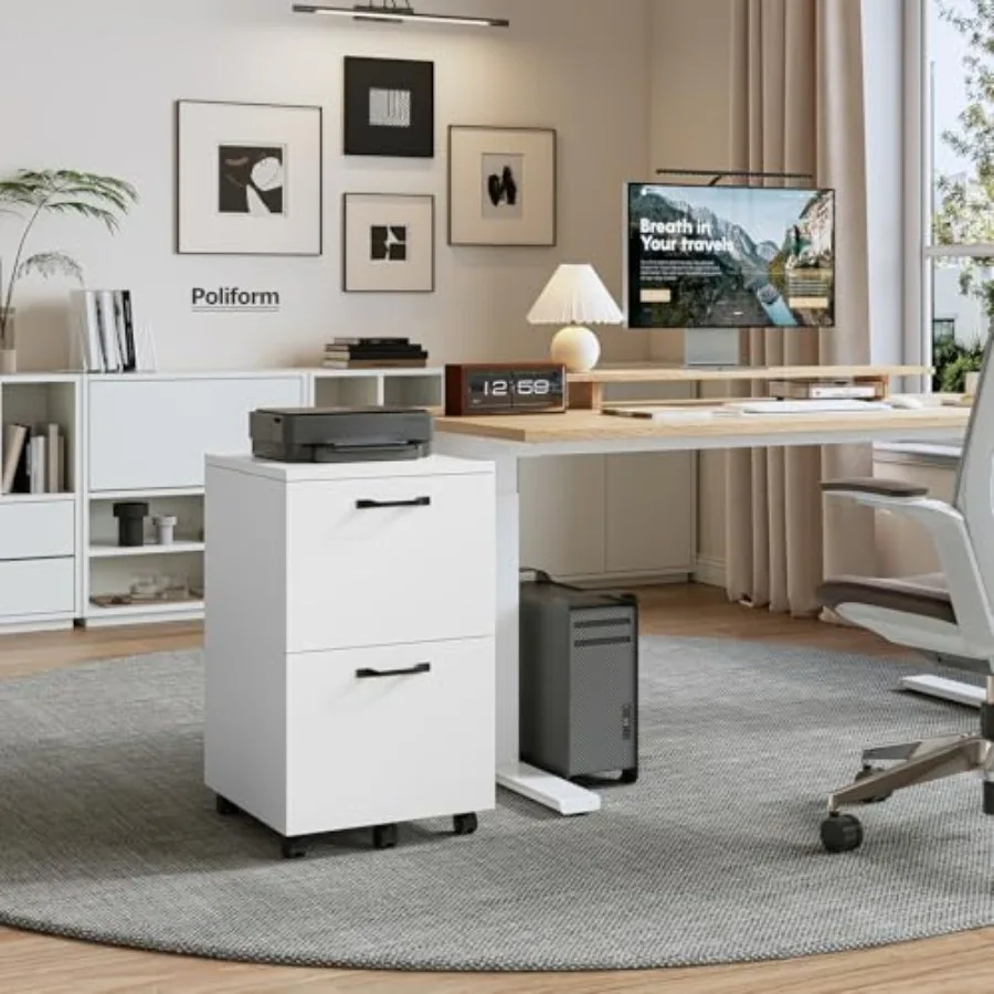 2 Drawer Filing Cabinet, Rolling Under Desk Storage, White Not for Hanging File Folders, Printer Stand, Lockable Wheels, Mobile