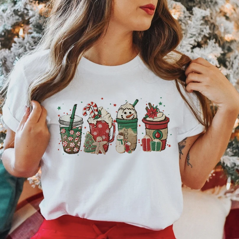 Women Graphic Funny Short Sleeve Happy Time Winter Merry Christmas Clothing Wear Printed Tops Lady Tees T Shirt T-Shirt Women